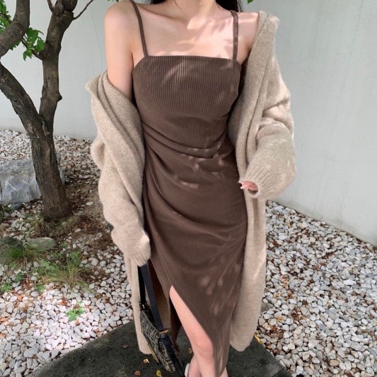 【预购】性感褶皱吊带开衩连身裙